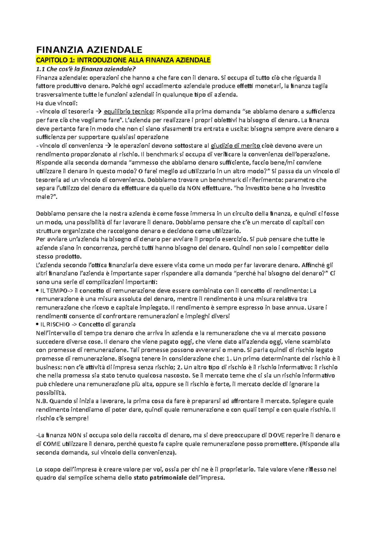 Finanzia Aziendale riassunto del 1 capitolo - FINANZIA AZIENDALE ...
