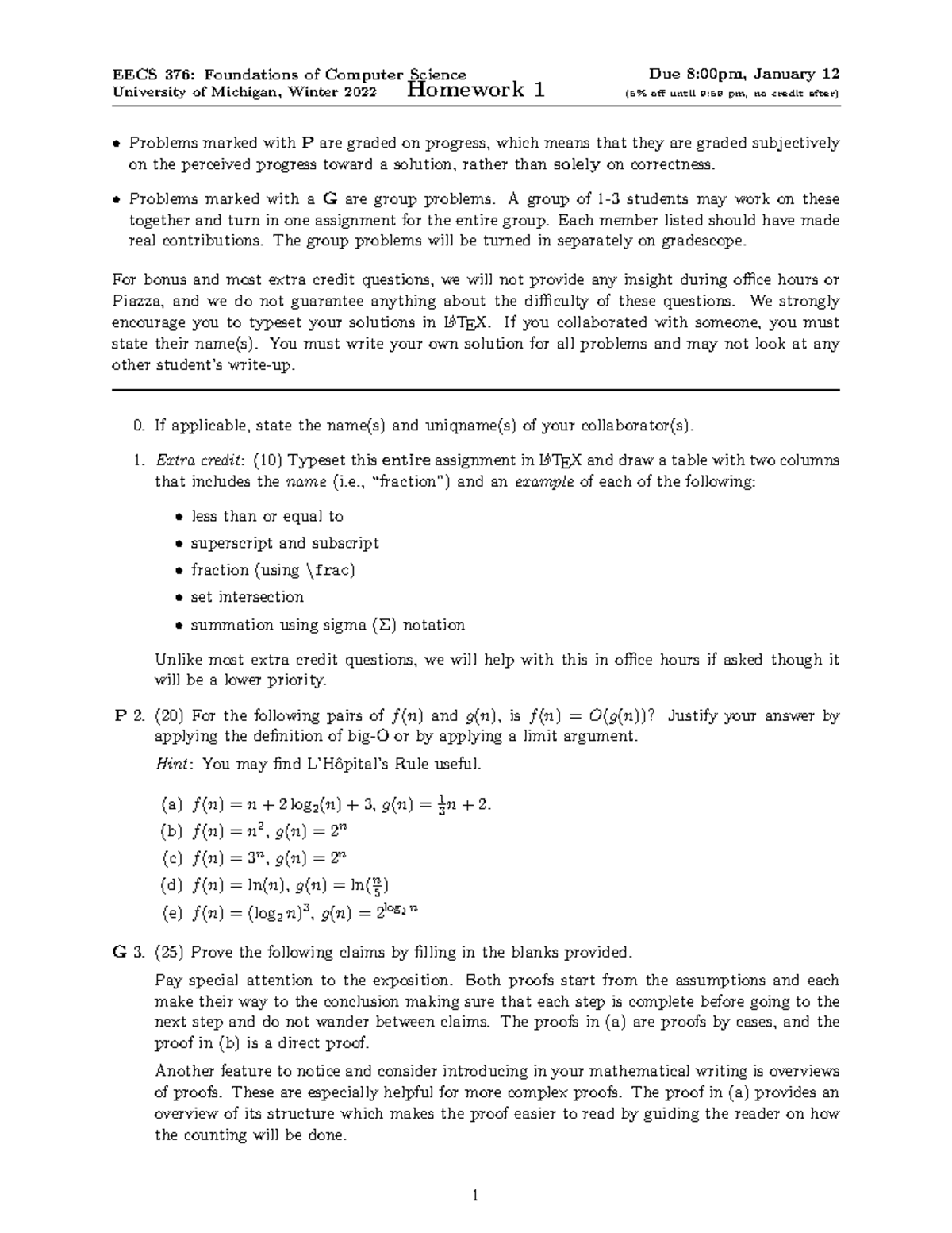 HW1 - HW1 - EECS 376: Foundations Of Computer Science University Of ...