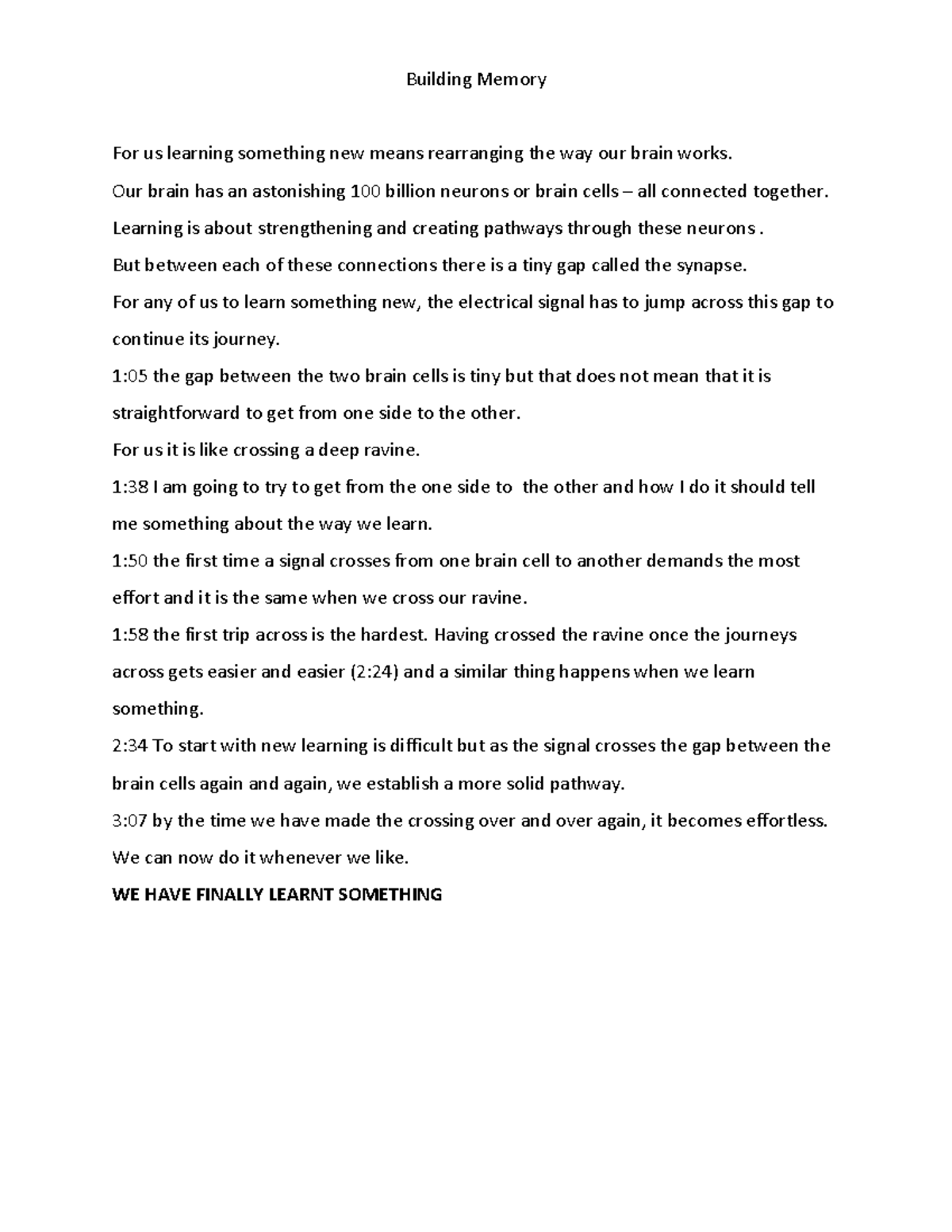 Building memory video transcript - Building Memory For us learning ...