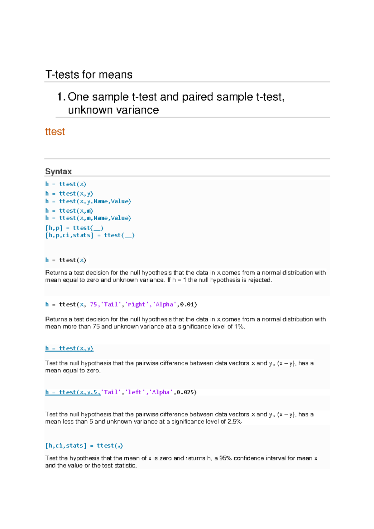 Hypotheses tests for mean from Dr Kloppers - T-tests for means 1. One ...
