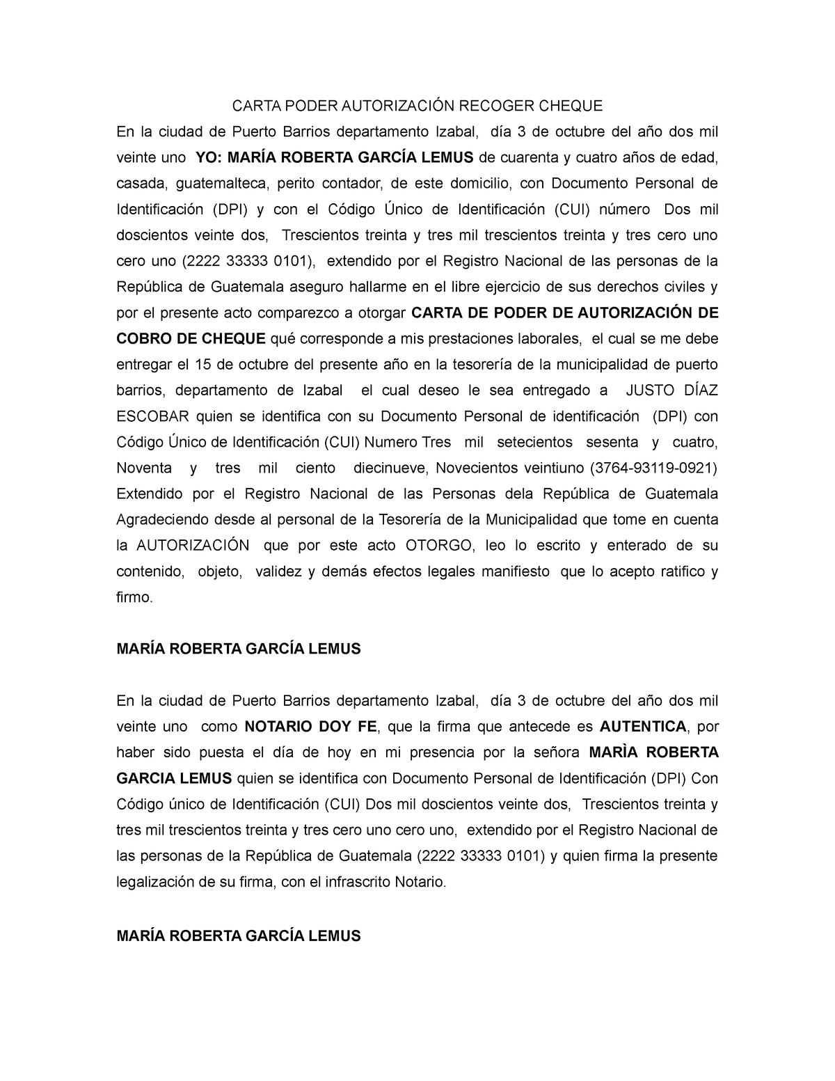 Carta Poder Autorización Recoger Cheque - CARTA PODER AUTORIZACIÓN RECOGER CHEQUE  En la ciudad de - Studocu