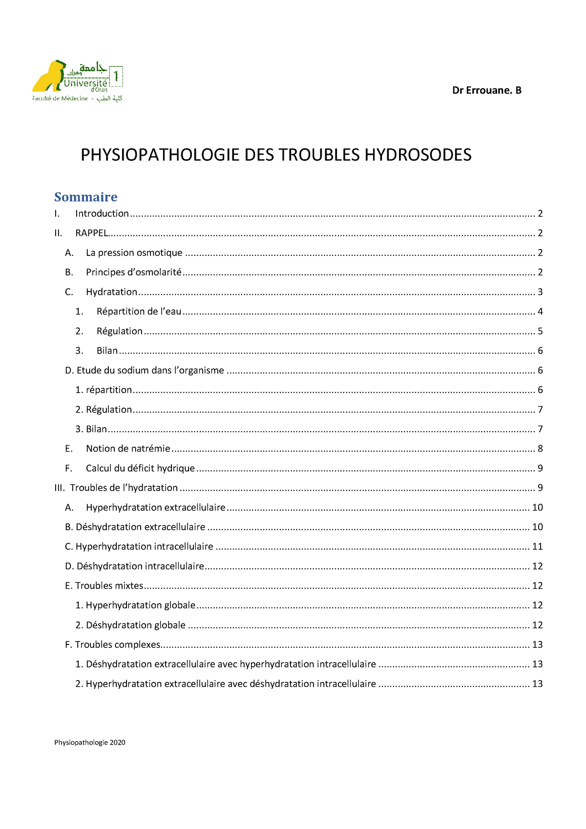 Troubles Hydrosodés PP 2020 - PHYSIOPATHOLOG Sommaire I. Introduction