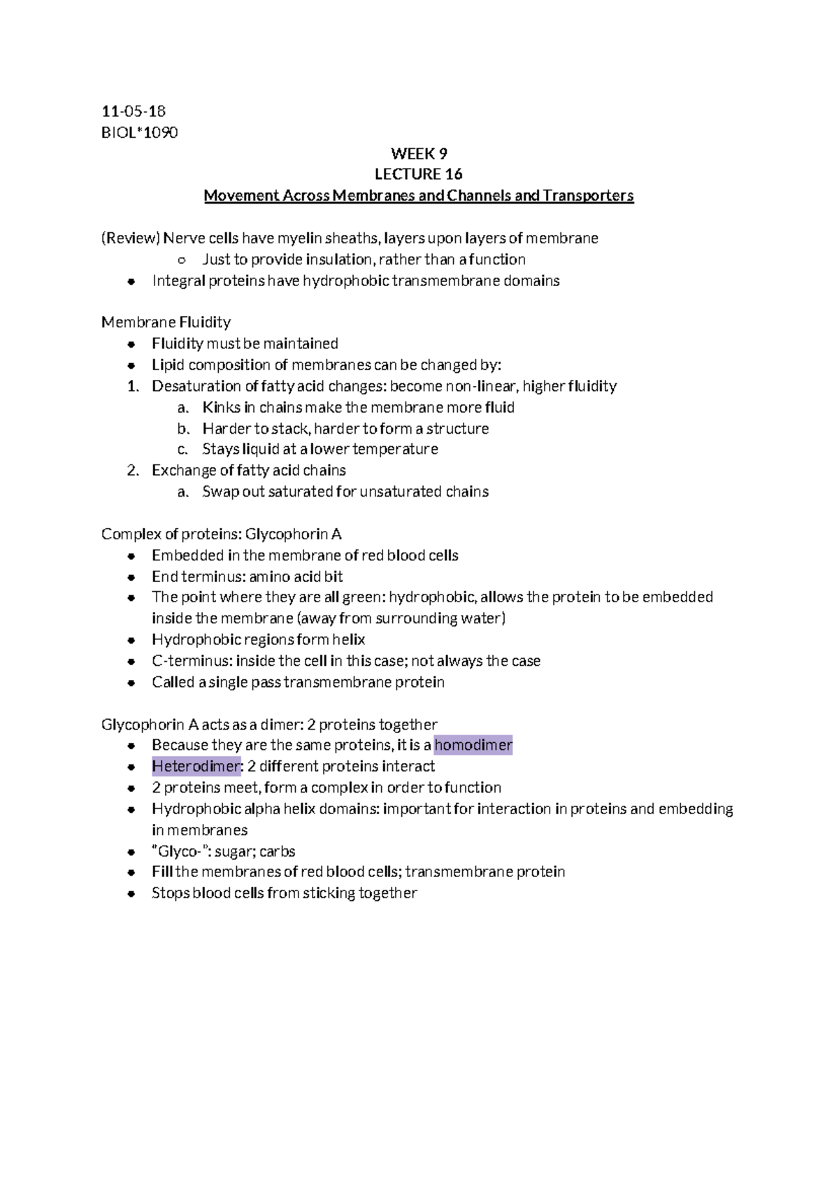 BIOL 1090 Lecture 16 - NOTES - 11-05-18 BIOL*1090 WEEK 9 LECTURE 16 ...