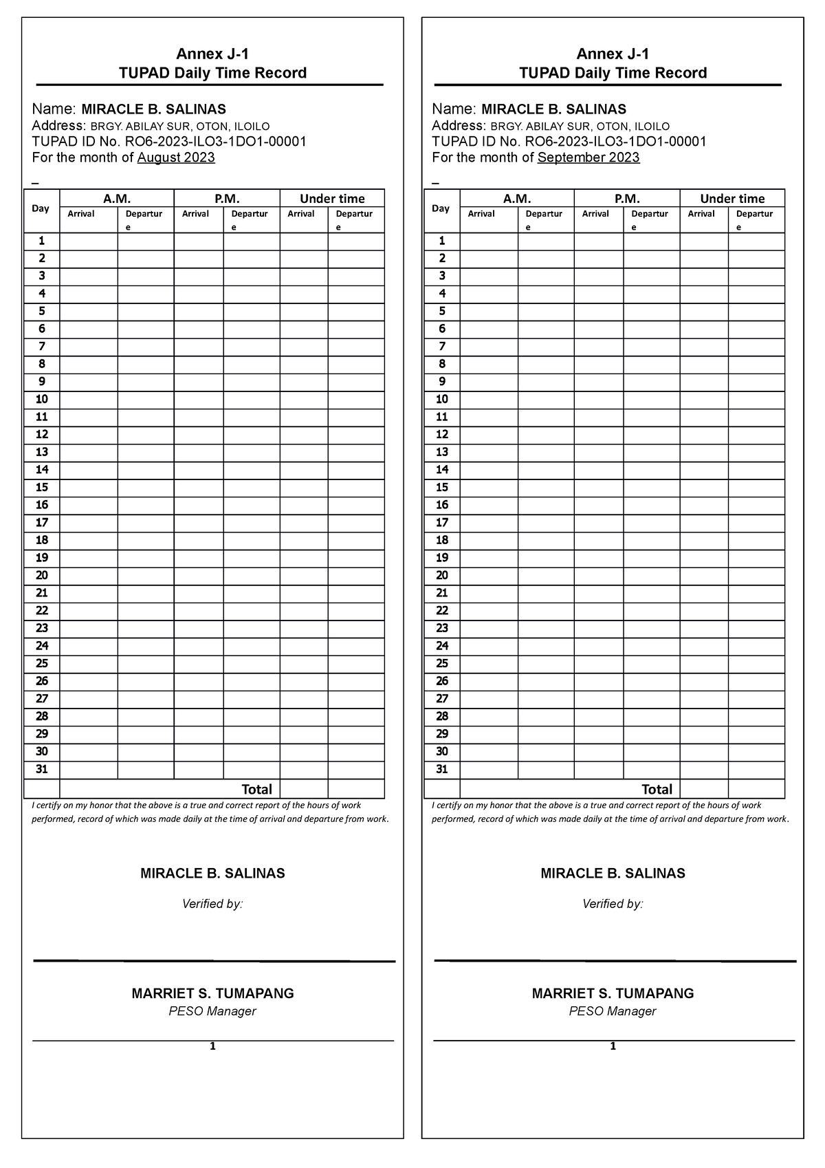 Annex J 1 Tupad DTR OTON TO Print TUPAD Daily Time Record Name