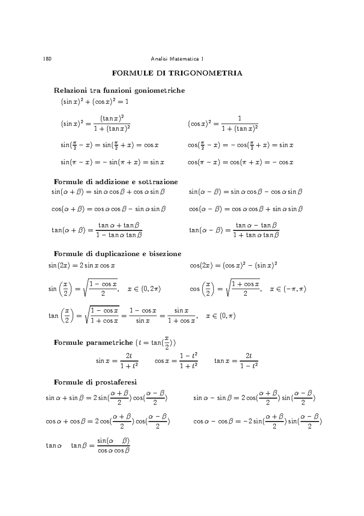 Formule - 180 Analisi Matematica 1 FORMULE DI TRIGONOMETRIA Relazioni ...