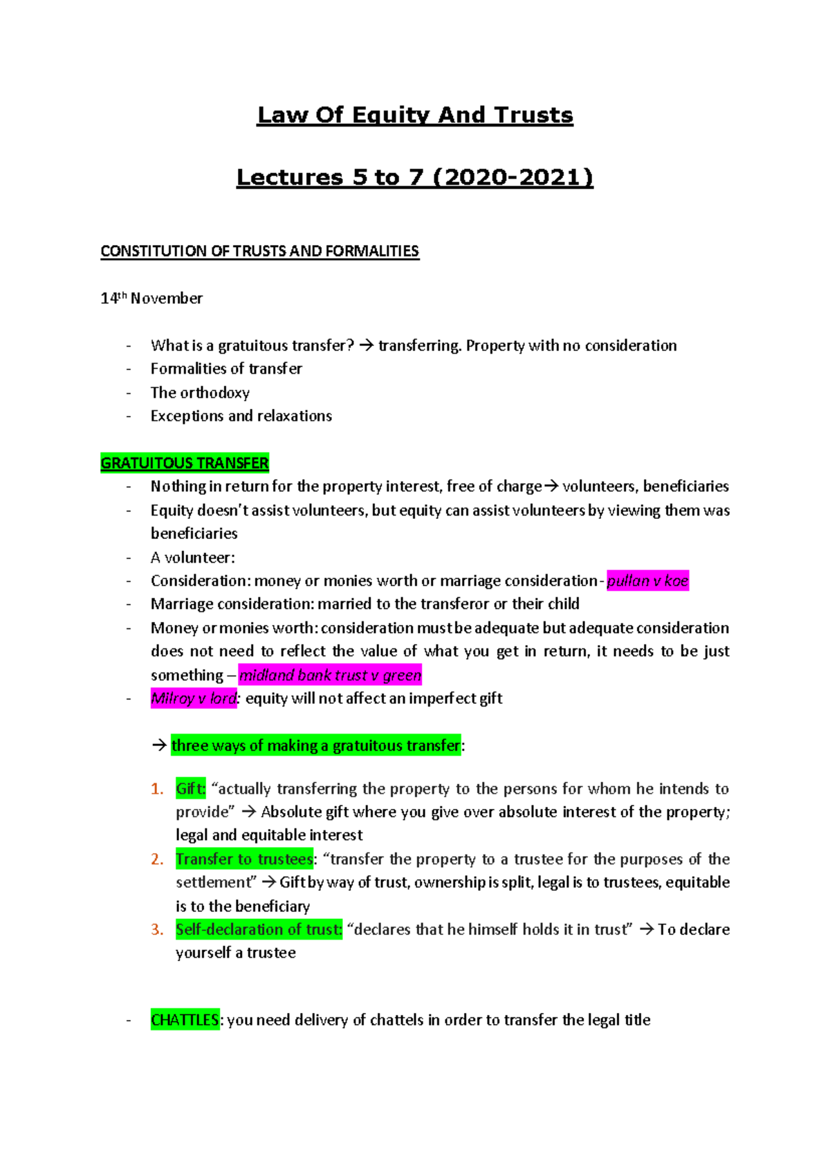 Law Of Equity And Trusts lecturenotes 5to7 20202021 - Law Of Equity And ...