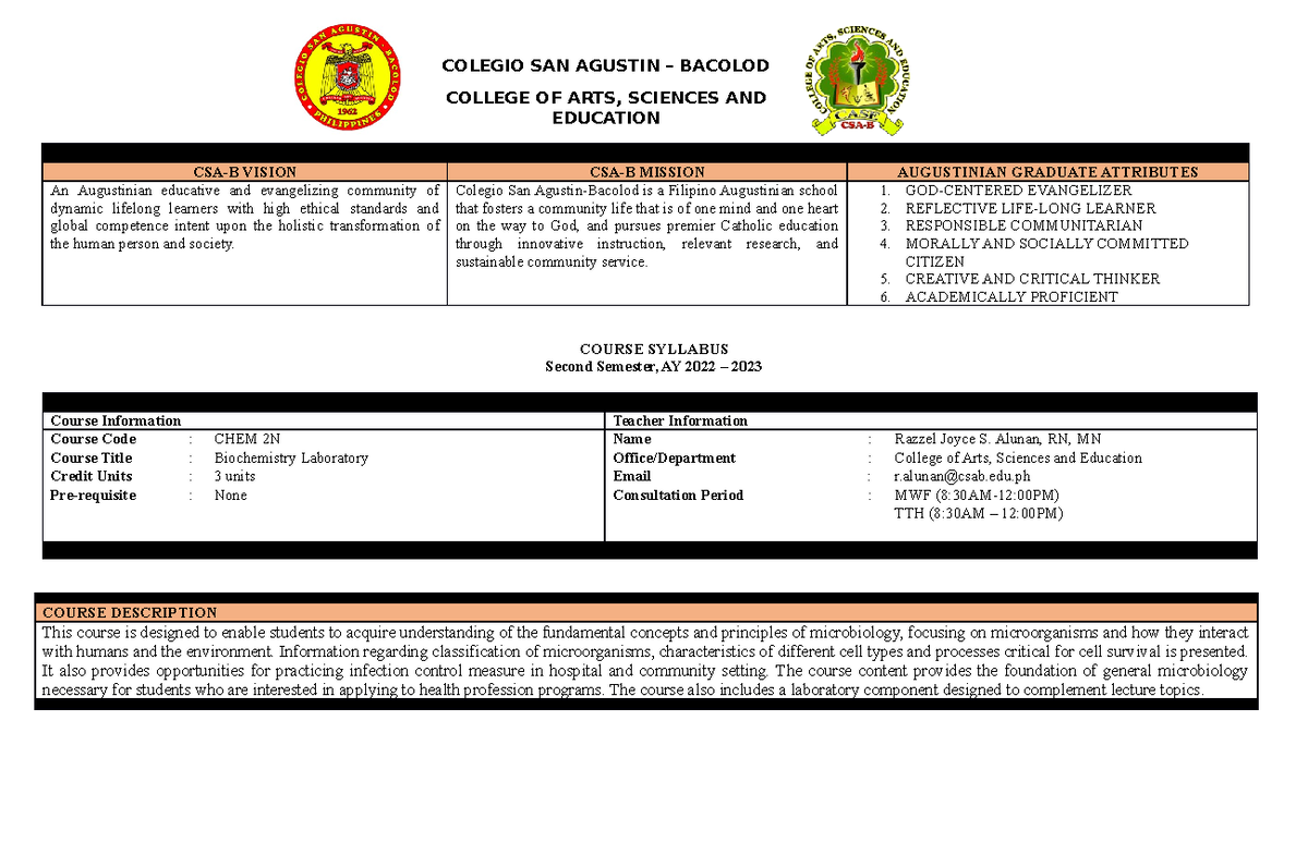 Syllabus BIO300N - CSA-B VISION CSA-B MISSION AUGUSTINIAN GRADUATE ...