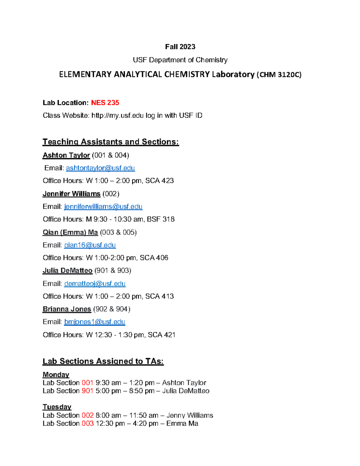 Analytical Laboratory Syllabus CHM 3120C Fall 2023 - Fall 2023 USF ...