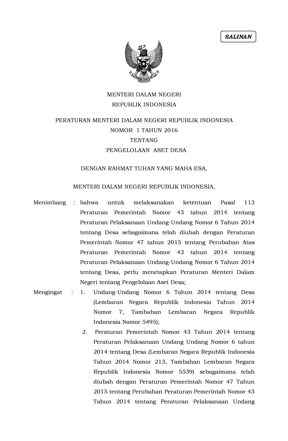 Permendagri Nomor 1 Tahun 2016 - MENTERI DALAM NEGERI REPUBLIK ...