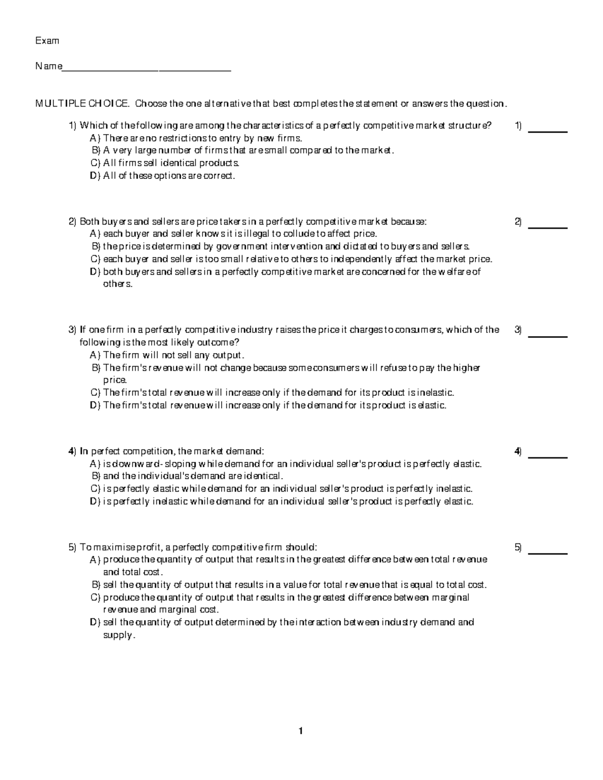 Perfect competition - Very Helpful exam preparation - Exam N ame