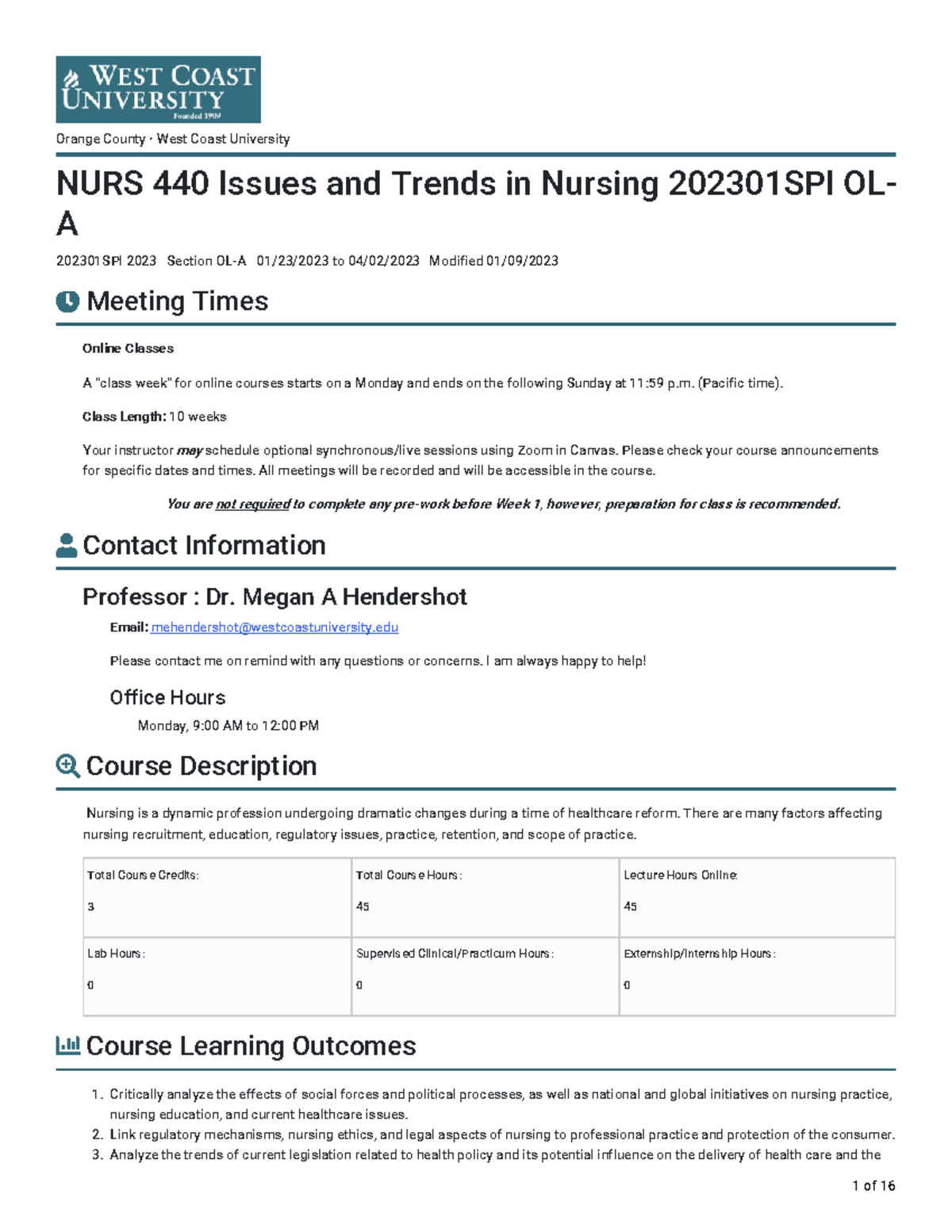 NURS 440 Issues And Trends In Nursing 202301 SPI OL A 202301 SPI 2023 ...