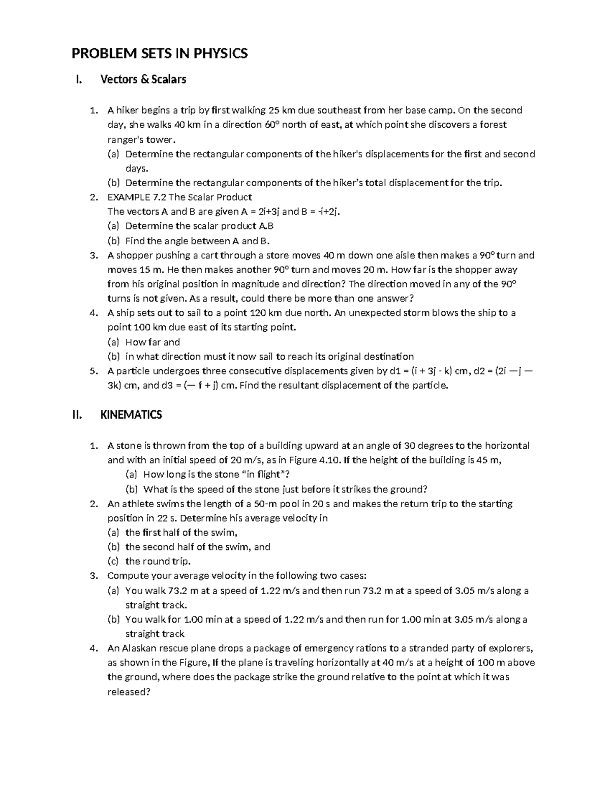 Problem SETS IN Physics - PROBLEM SETS IN PHYSICS I. Vectors & Scalars ...