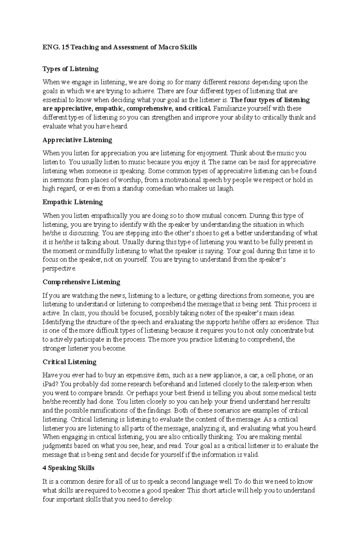 Listening And Its Types ENG 15 Teaching And Assessment Of Macro 