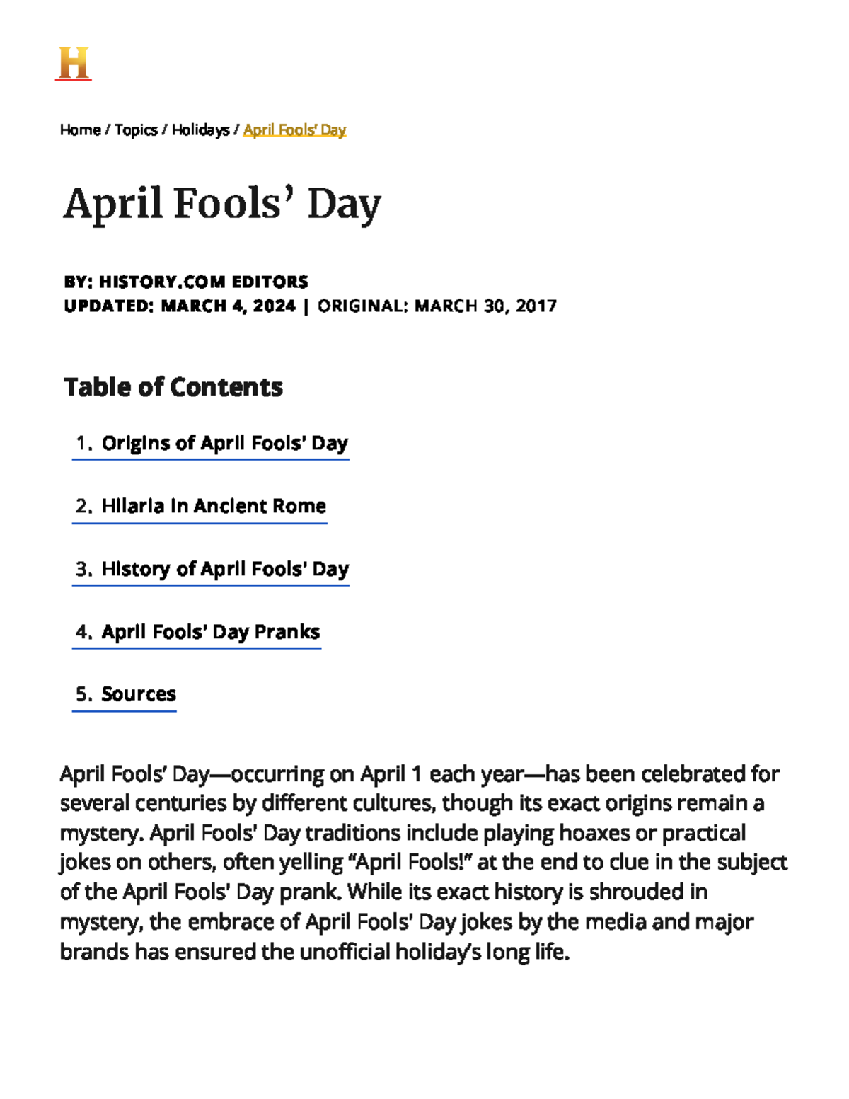 History April Fools Day 6th Table Of Contents Origins Of April Fools Day Hilaria In