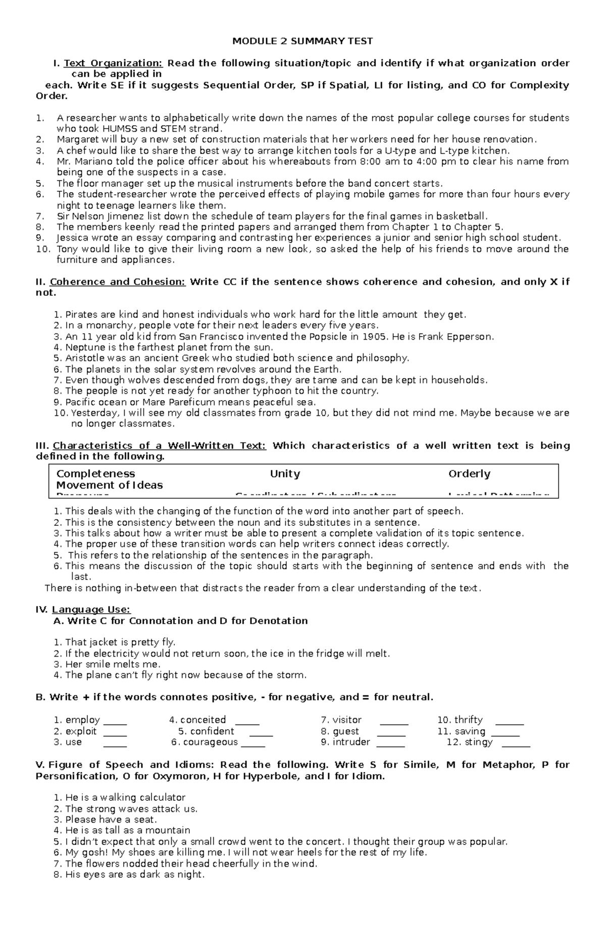 Module 2 Summary TEST Reading and Writing Skills MODULE 2 SUMMARY TEST I. Text Organization