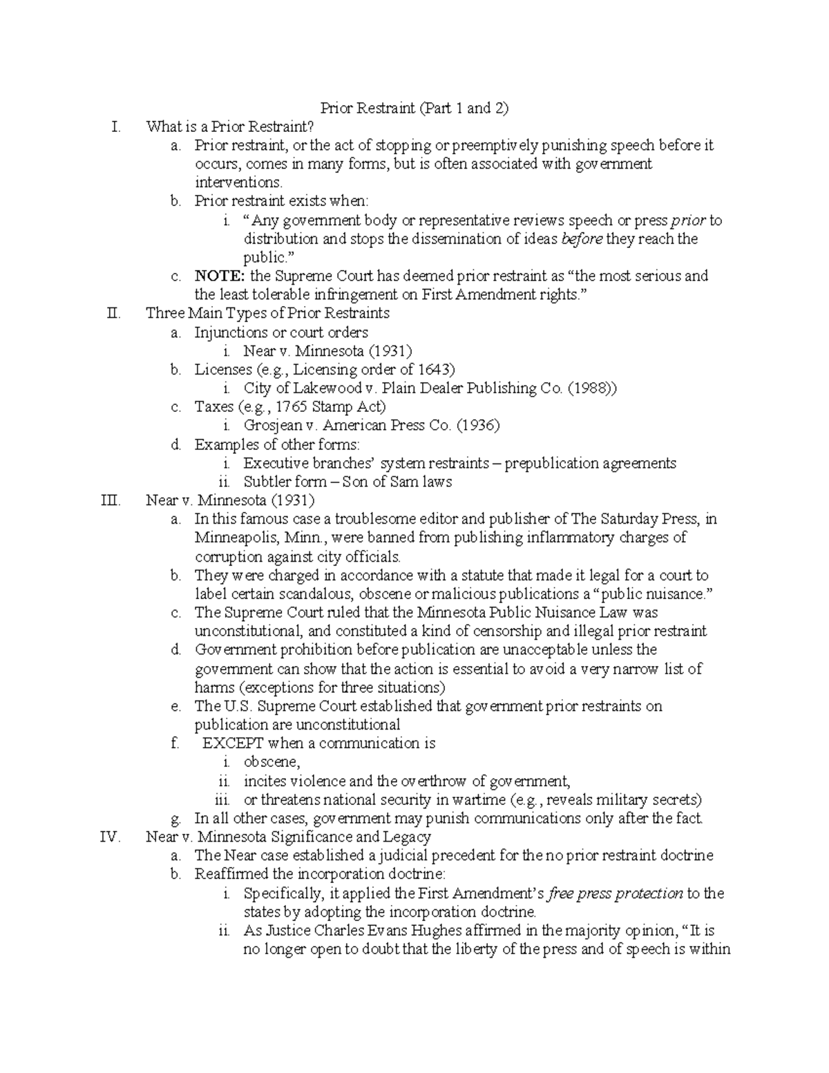 Prior Restraint Notes from class lectures Prior Restraint (Part 1