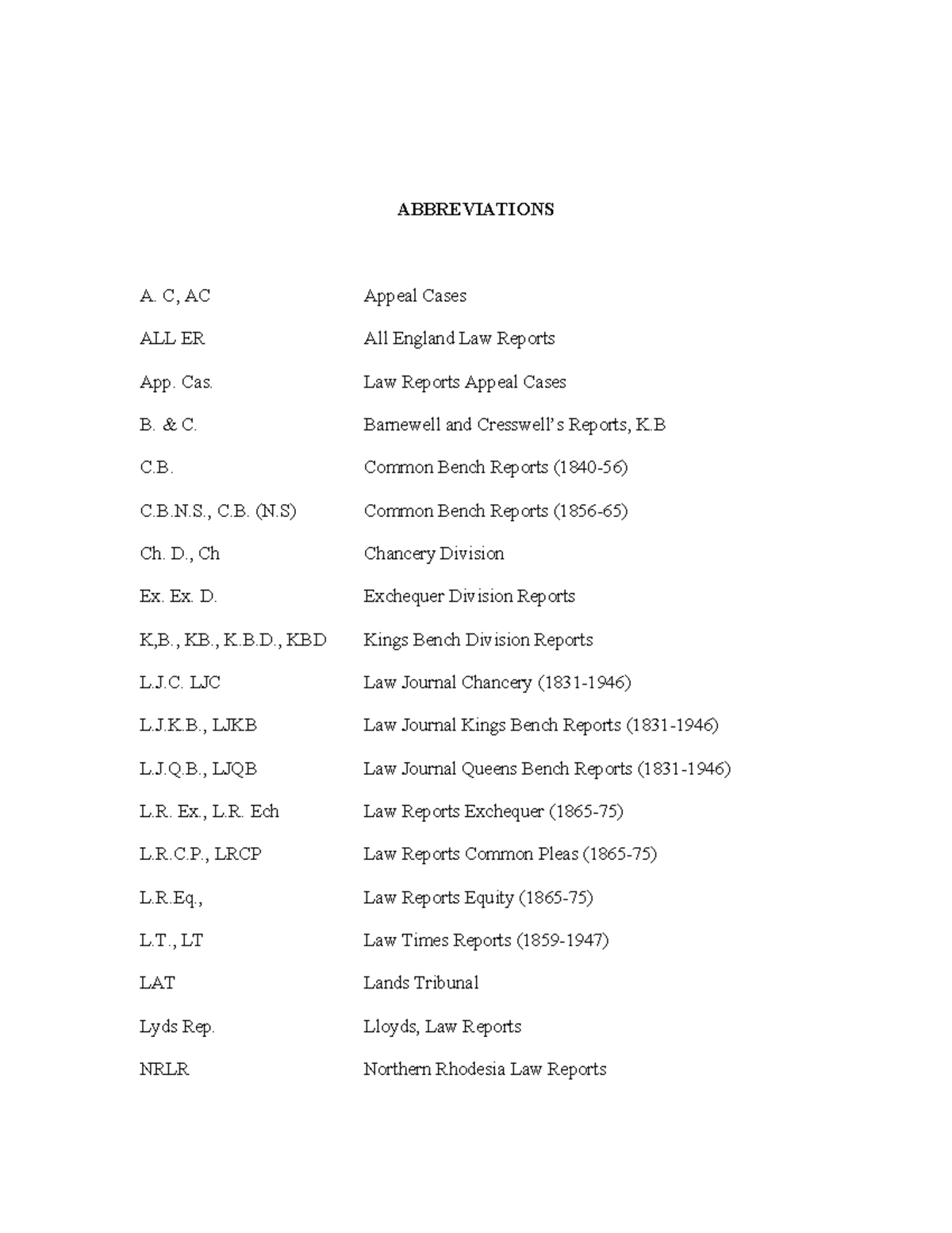 Acronyms ABBREVIATIONS A. C, AC Appeal Cases ALL ER All England Law