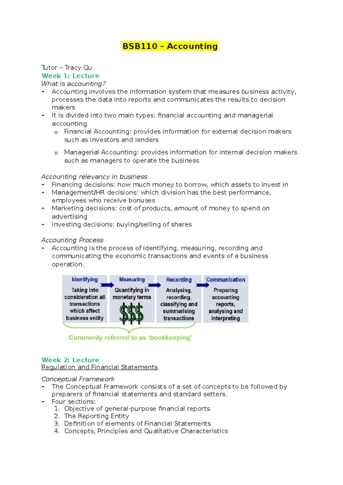 BSB110 Notes - BSB110 – Accounting Tutor – Tracy Qu Week 1: Lecture ...