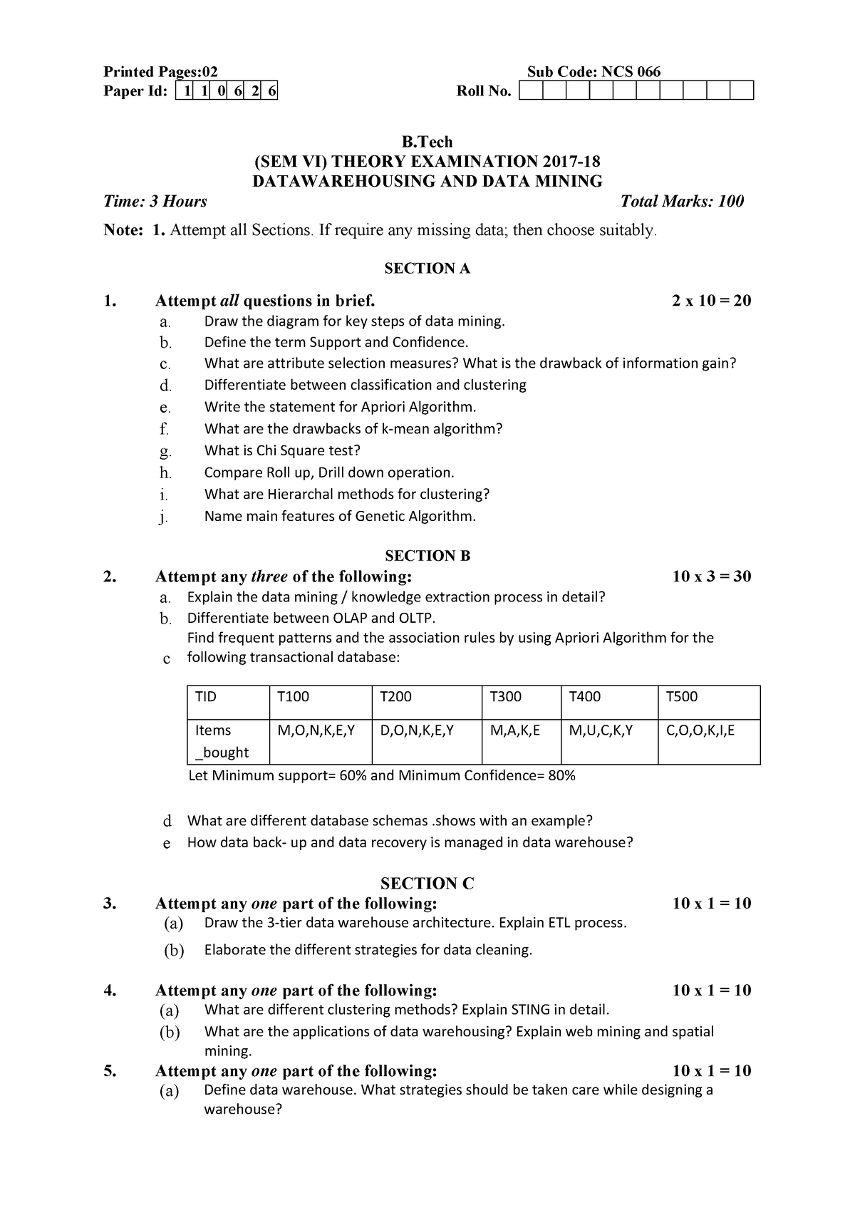 DATA Warehousing DATA Mining NCS066 - Printed Pages:02 Sub Code: NCS ...