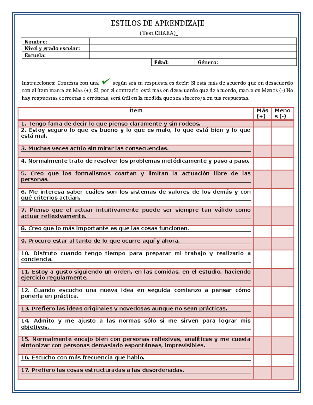 Estilos DE Aprendizaje (Test Chaea) - ESTILOS DE APRENDIZAJE (Test ...