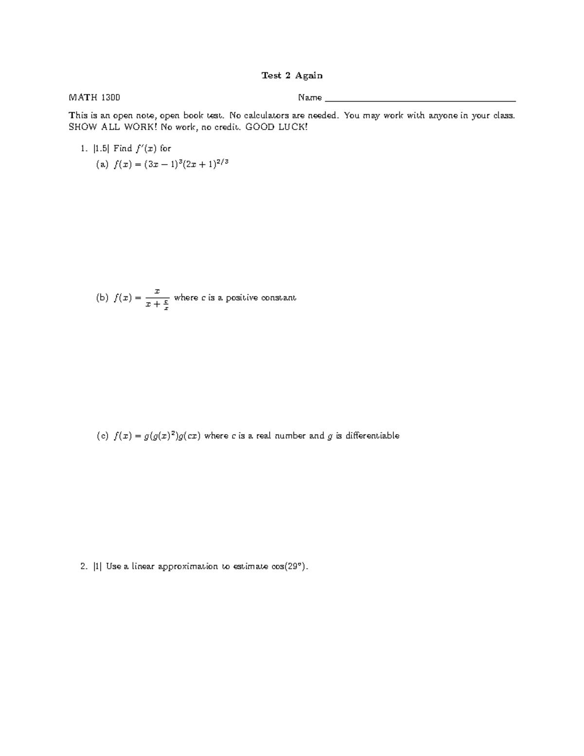 Math 1300 Test 2 V2 Again Test 2 Again MATH 1300 Name This Is An Open