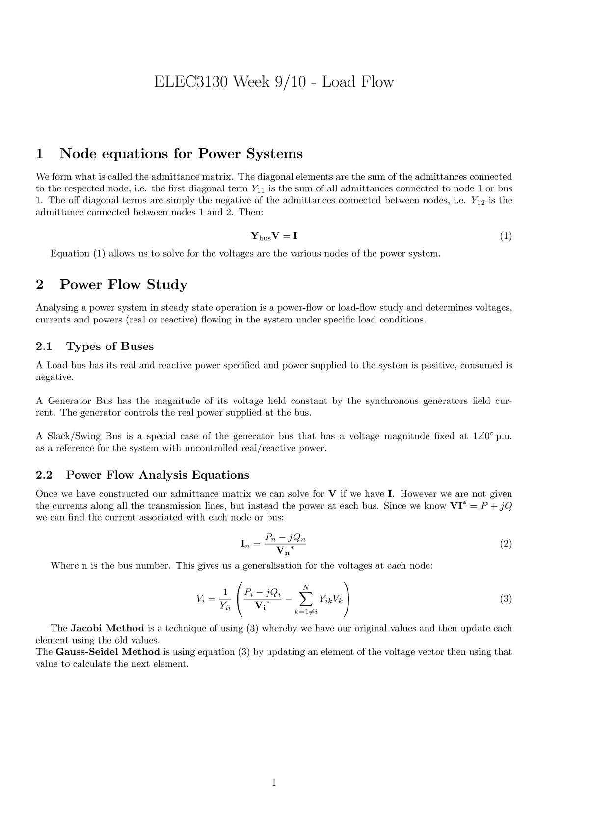 Week 9-10 - Lecture Notes 9-10 - ELEC3130 Week 9/10 - Load Flow 1 Node ...