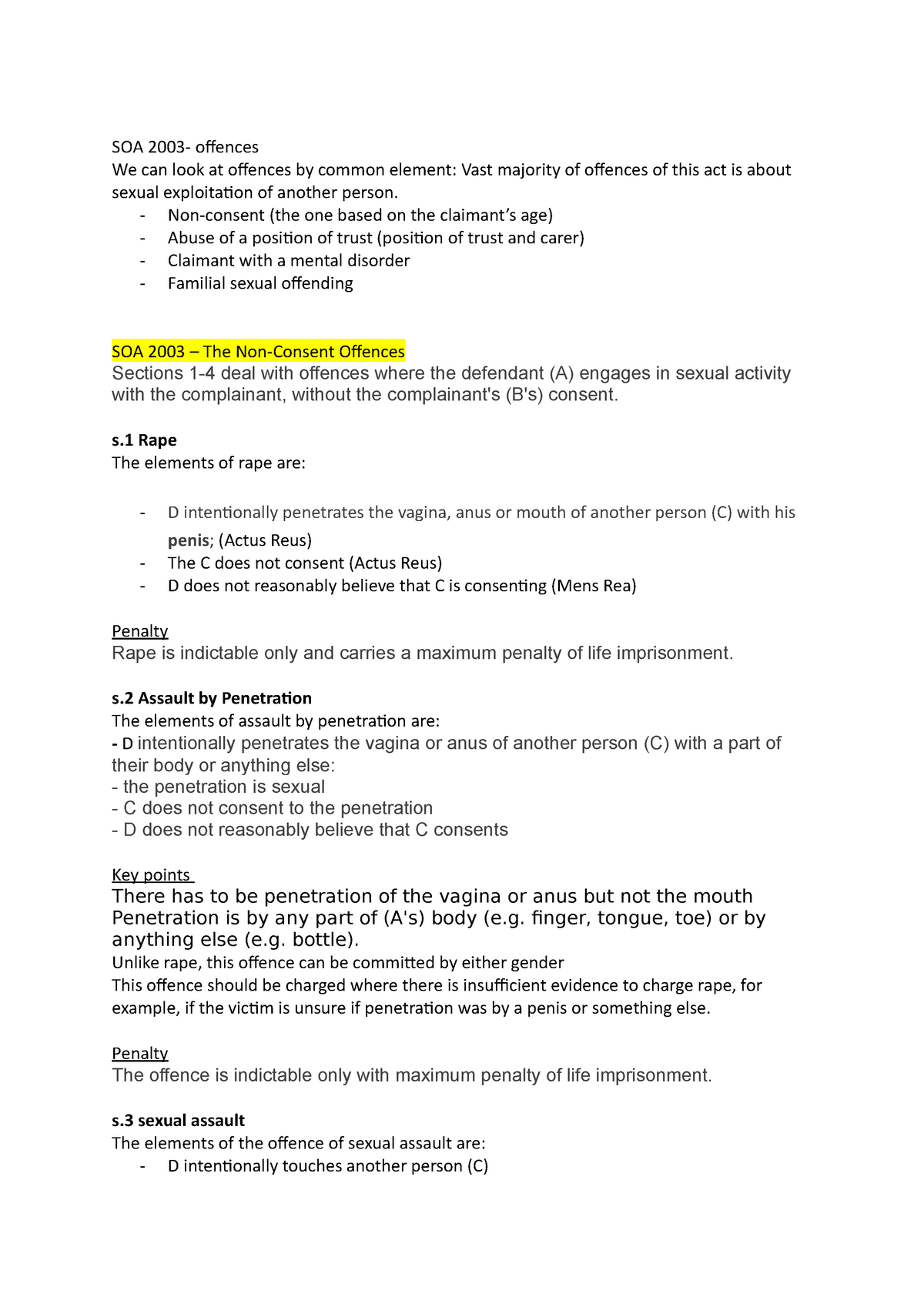 Sexual Offences Summary Of Lecture Notes Soa 2003 Offences We Can Look At Offences By 3242