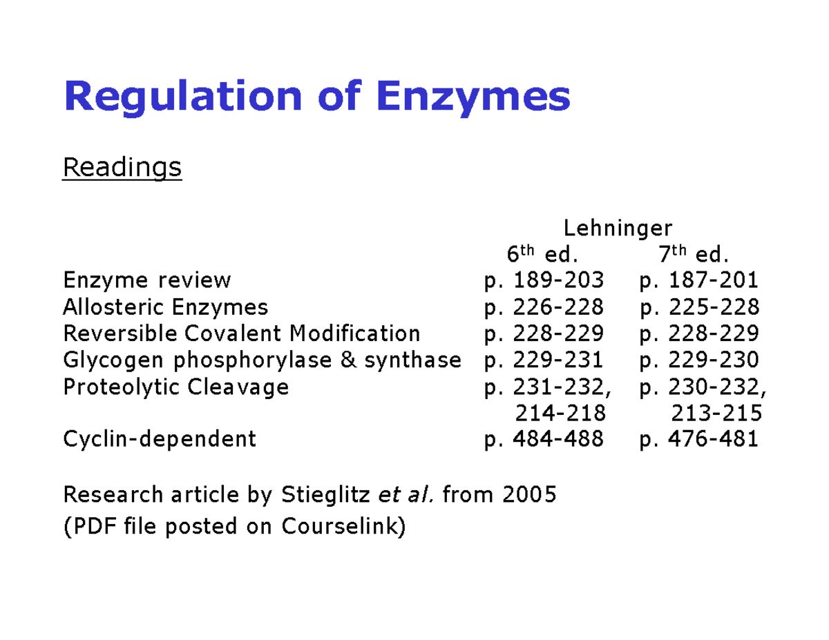 BIOC 3560 B Enzyme Regulation - Regulation Of Enzymes Readings ...