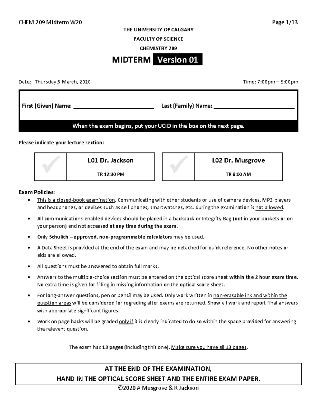 Midterm W20 V01 - modified - THE UNIVERSITY OF CALGARY FACULTY OF ...