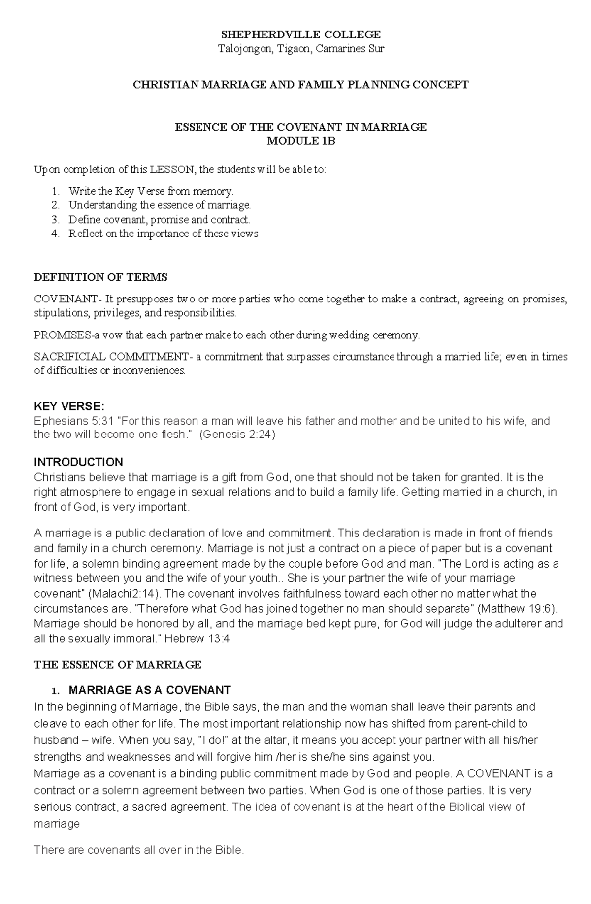 Christian Marriage Module 1B - SHEPHERDVILLE COLLEGE Talojongon, Tigaon ...