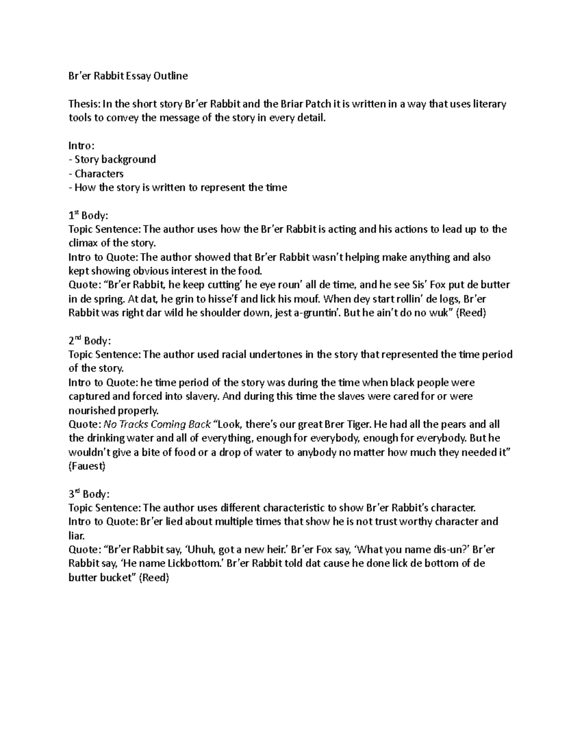 Br’er Rabbit Essay Outline - Br’er Rabbit Essay Outline Thesis: In the ...