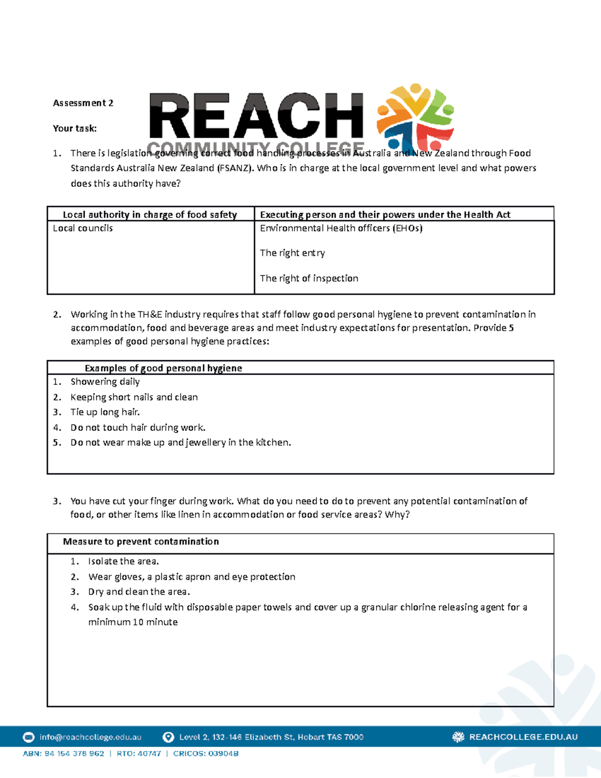 Reach Sitxfsa 005 Assessment 1 - Short Answers - Assessment 2 Your Task 