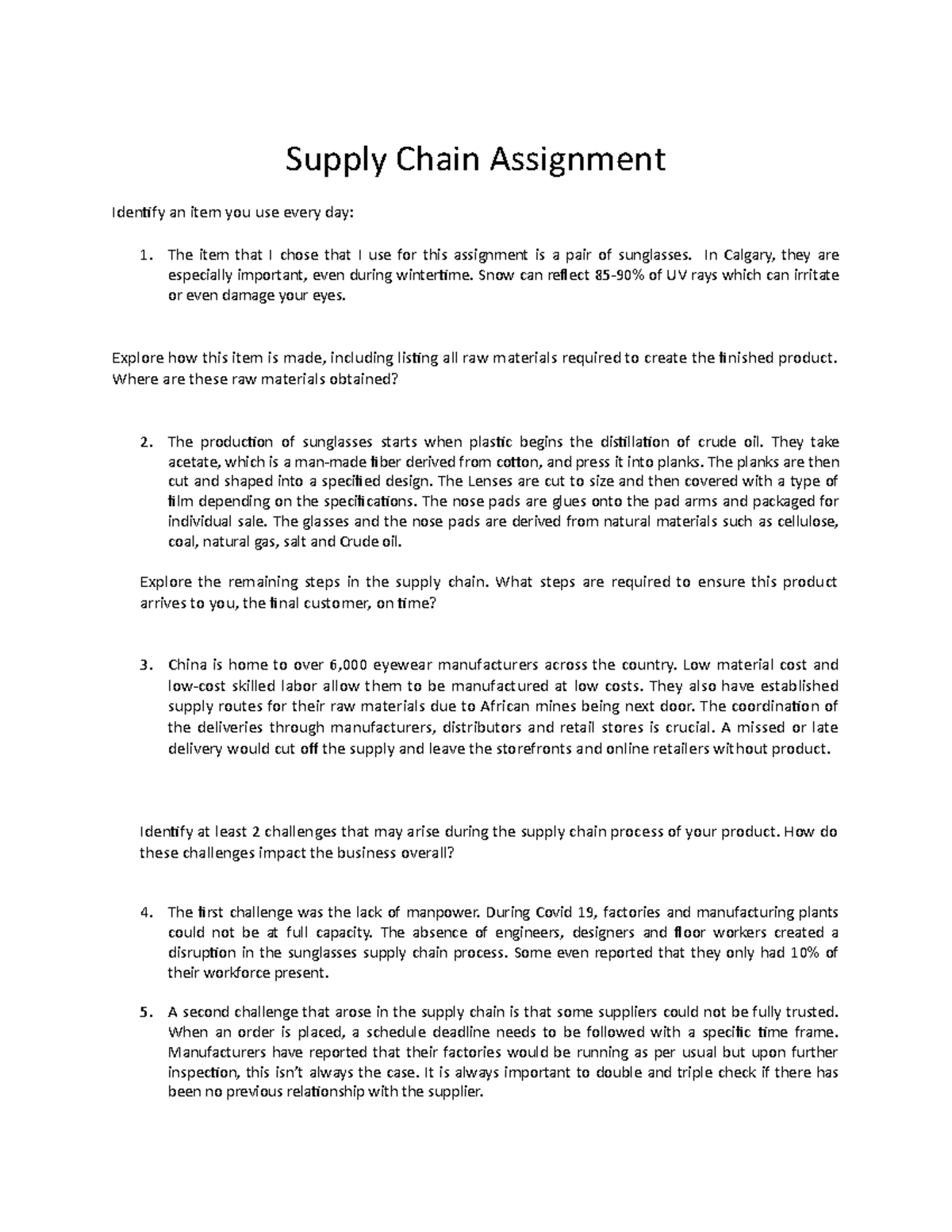 Supply Chain Assignment - Supply Chain Assignment Identify an item you ...