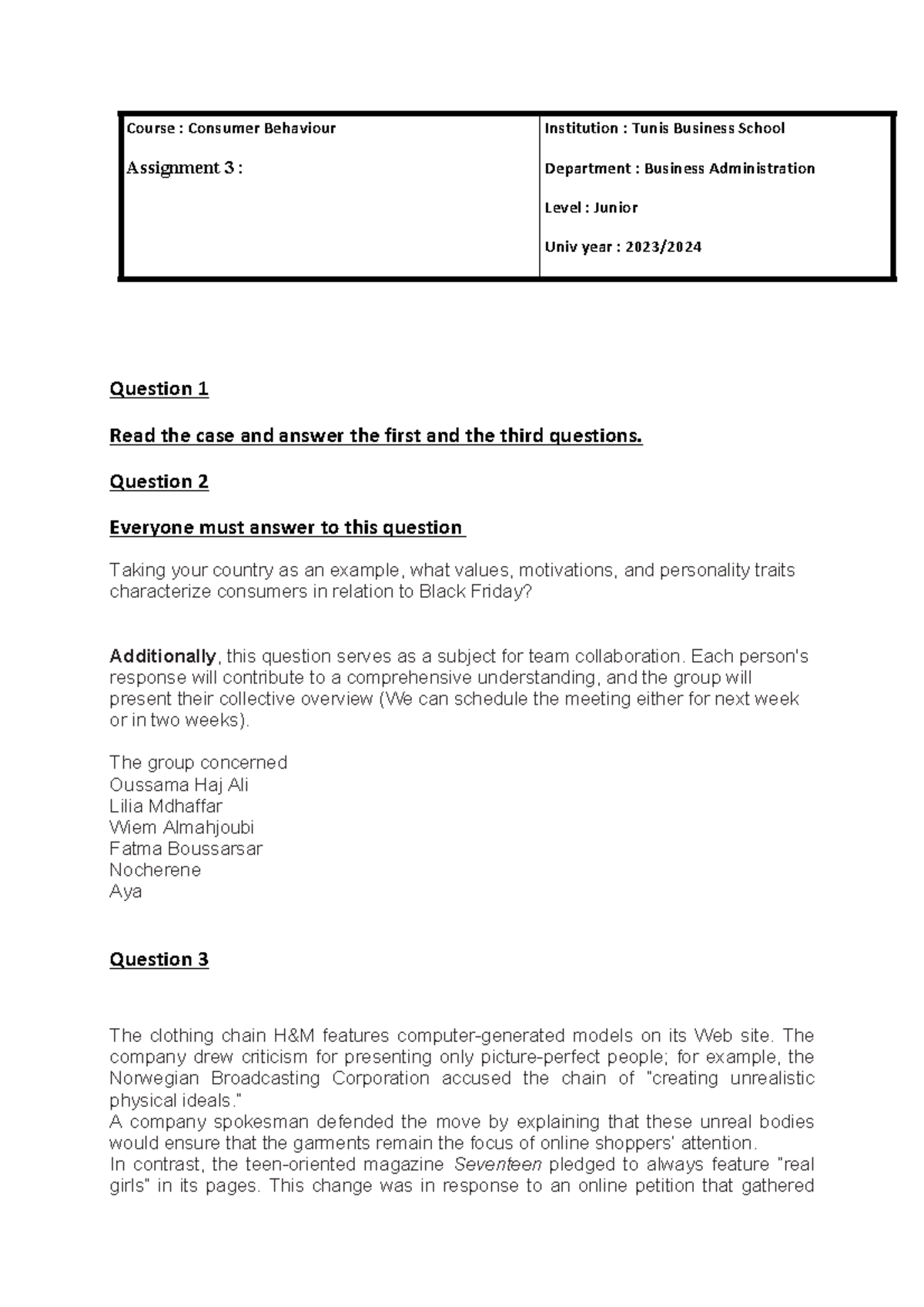 Assinment 3 Assignment 3 Course Consumer Behaviour Assignment 3