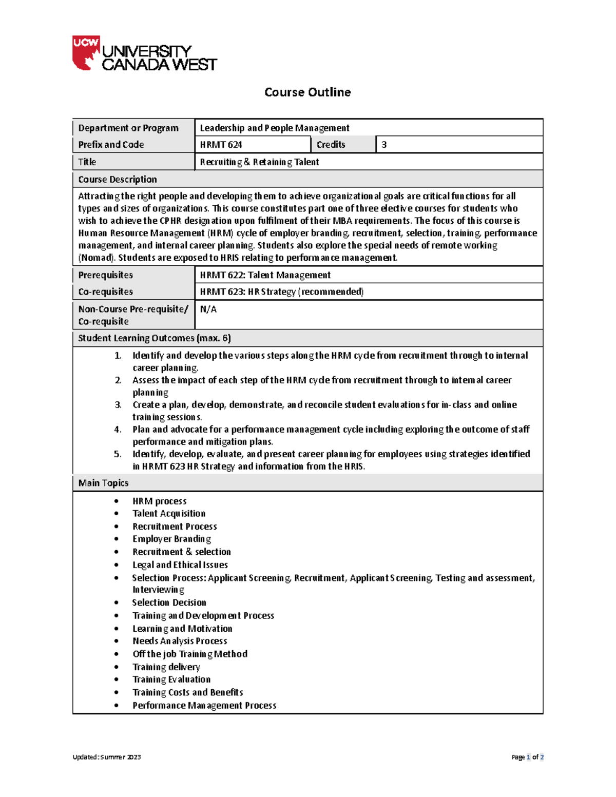 HRMT 624-CO HBD - Syllabus - Updated: Summer 2023 Page 1 of 2 Course ...