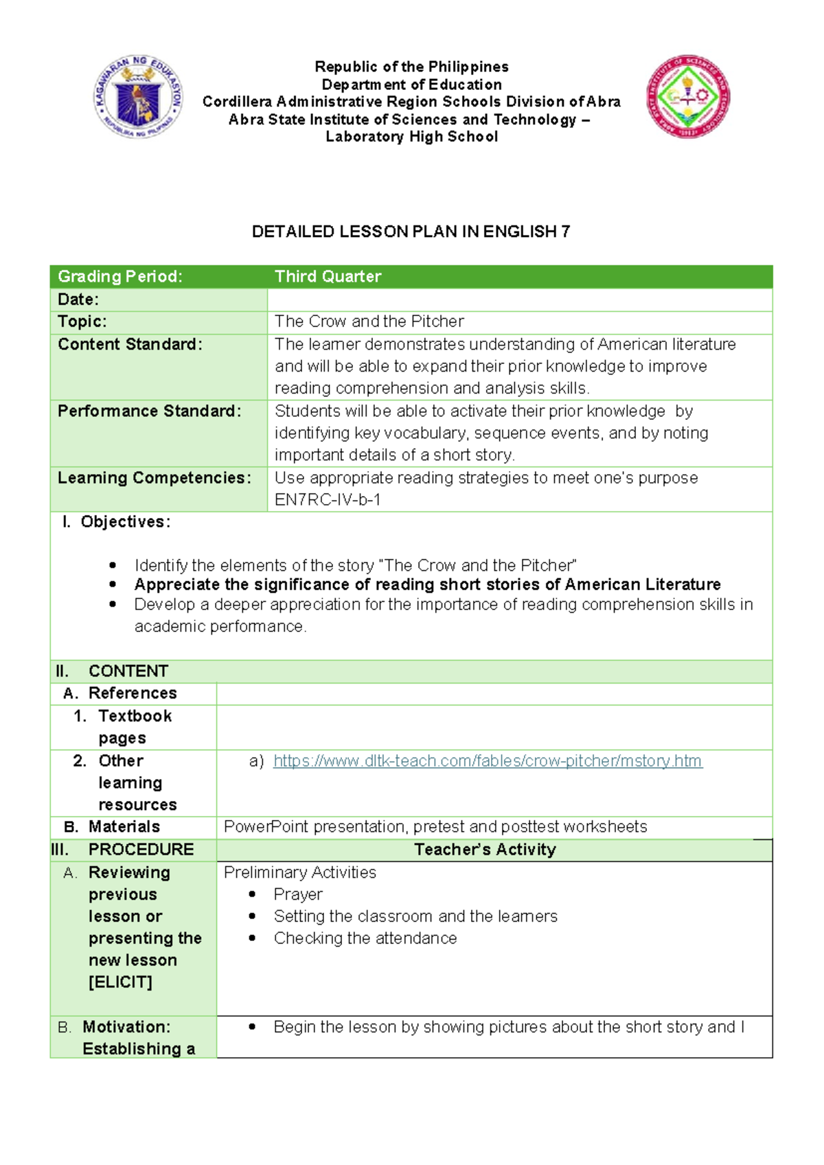 Scaffolding DLP Palino M DETAILED LESSON PLAN IN ENGLISH 7 Grading 