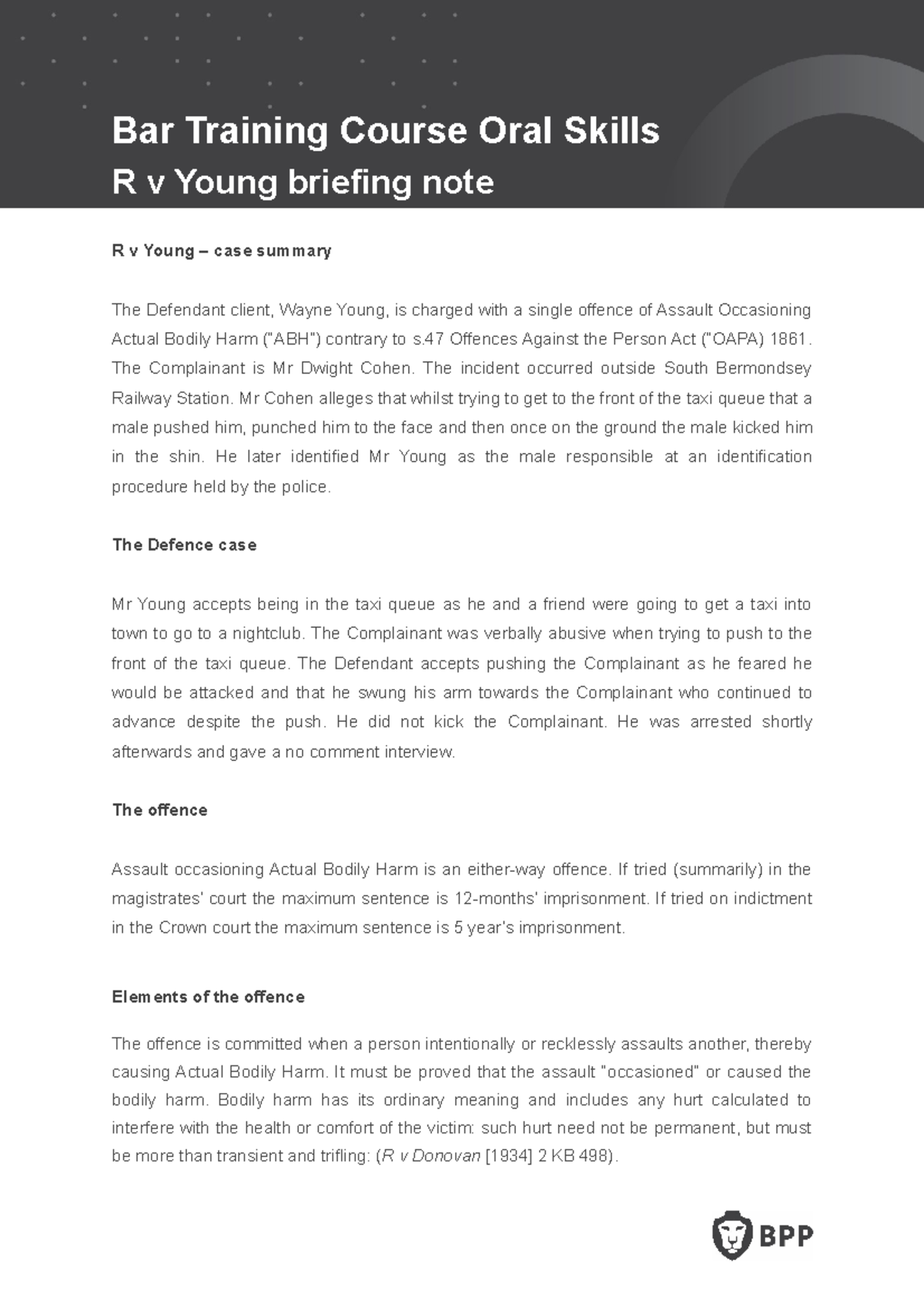 Legal briefing note HELPFUL Bar Training Course Oral Skills R v