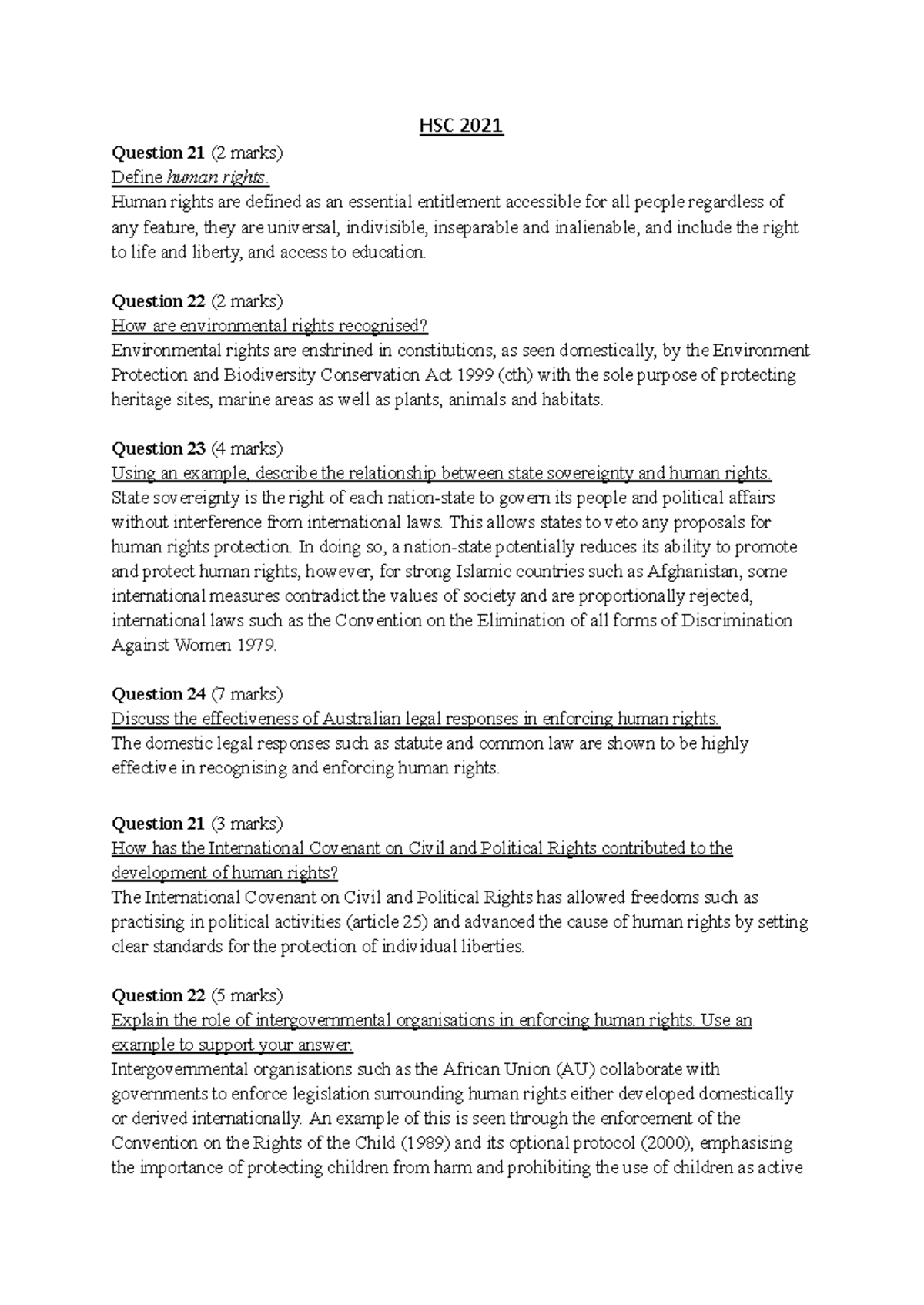 Human rights answers (SA) - HSC 2021 Question 21 (2 marks) Define human ...