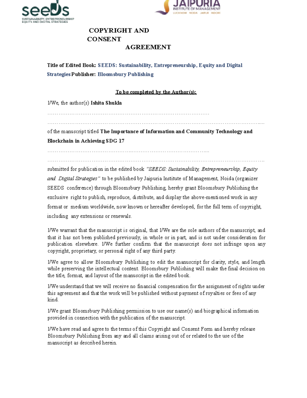 Copyright AND Consent Agreement - COPYRIGHT AND CONSENT AGREEMENT Title ...