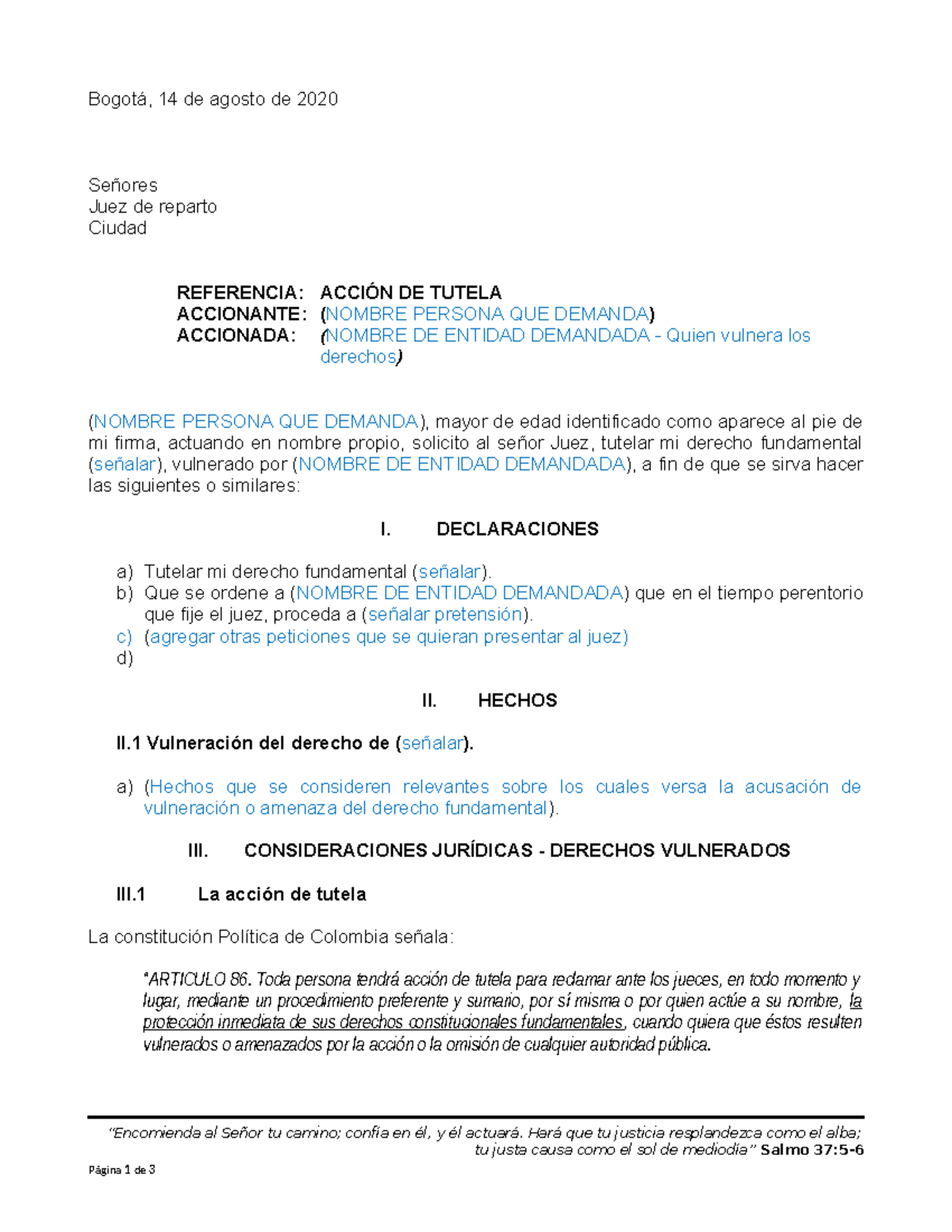 Modelo acción tutela general - Bogotá, 14 de agosto de 2020 Señores ...