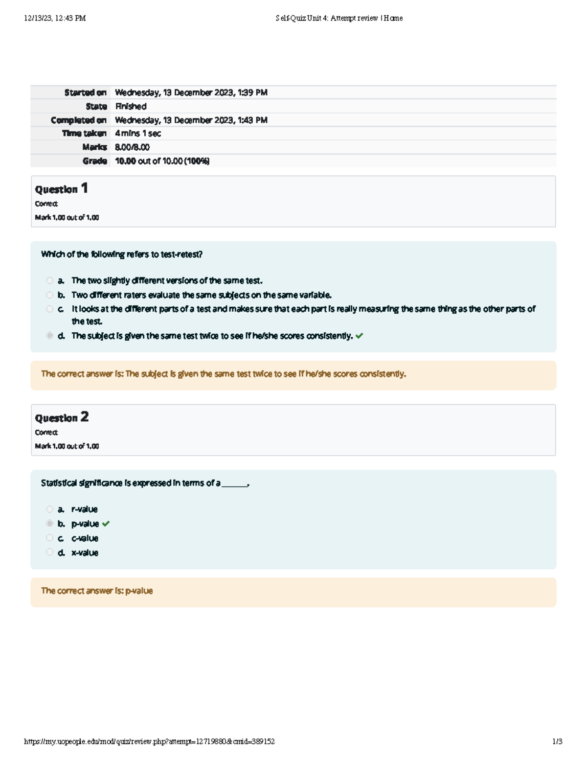 Self-Quiz Unit 4 100% - 12/13/23, 12:43 PM Self-Quiz Unit 4: Attempt ...