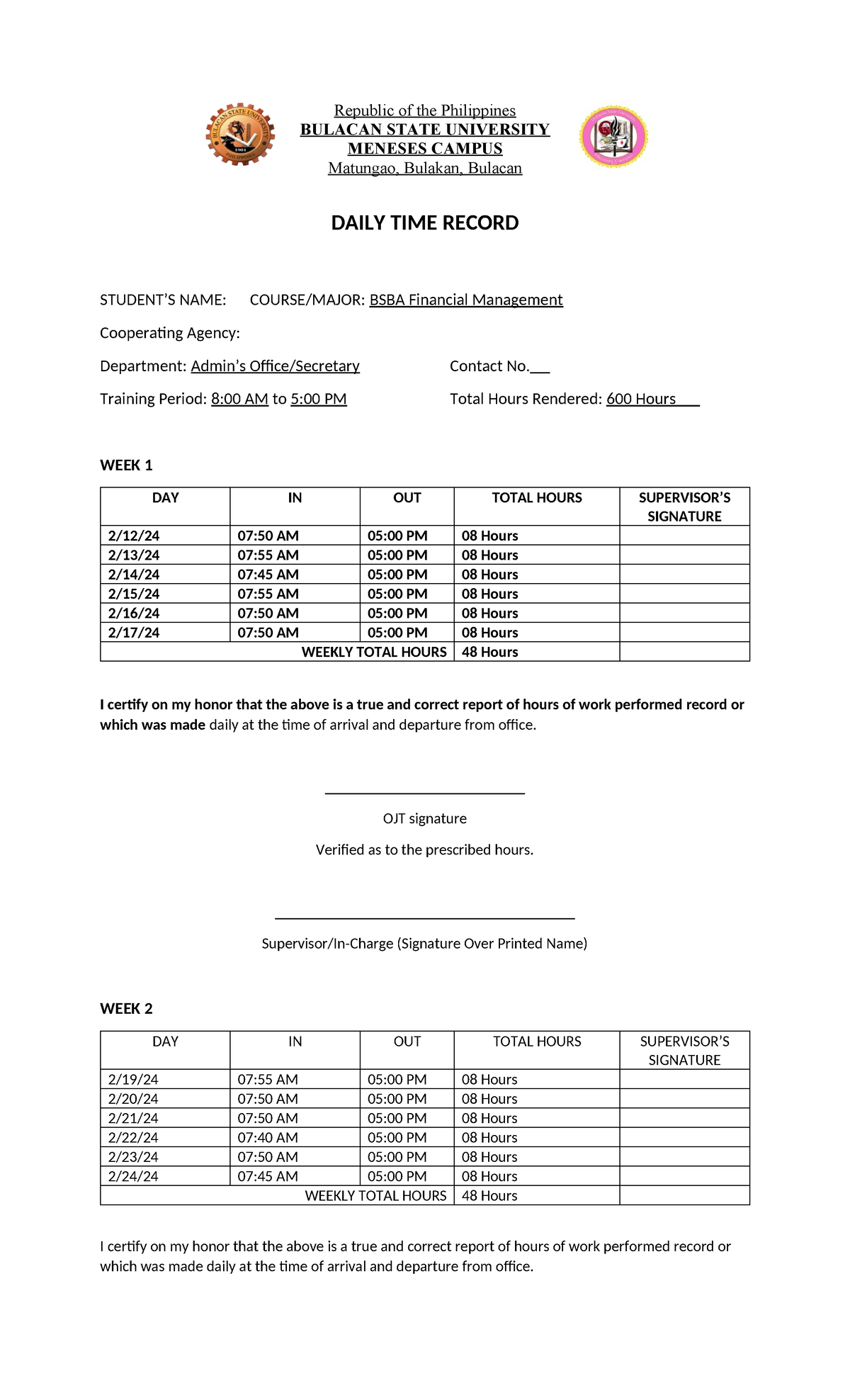 Practicum sample DTR - Republic of the Philippines BULACAN STATE ...