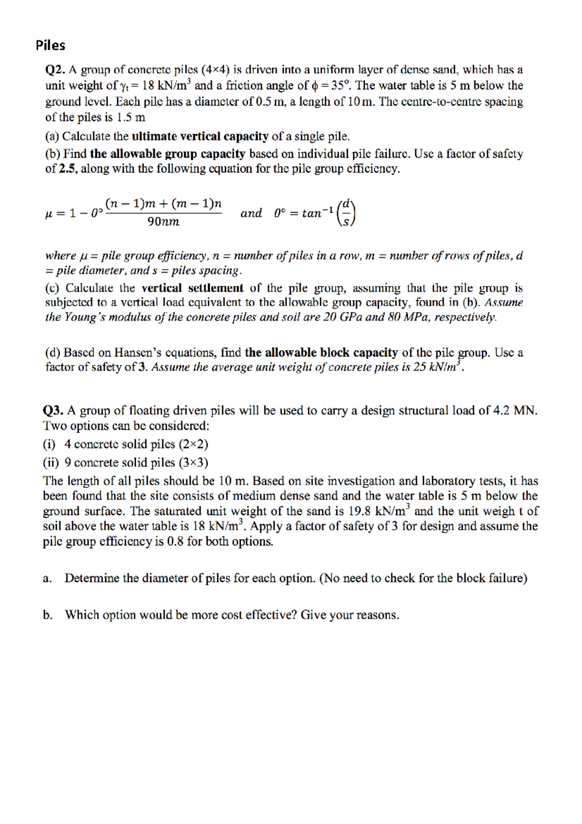 collection of piles Exam 2017 - 048360 - Piles Slope Stability Question ...