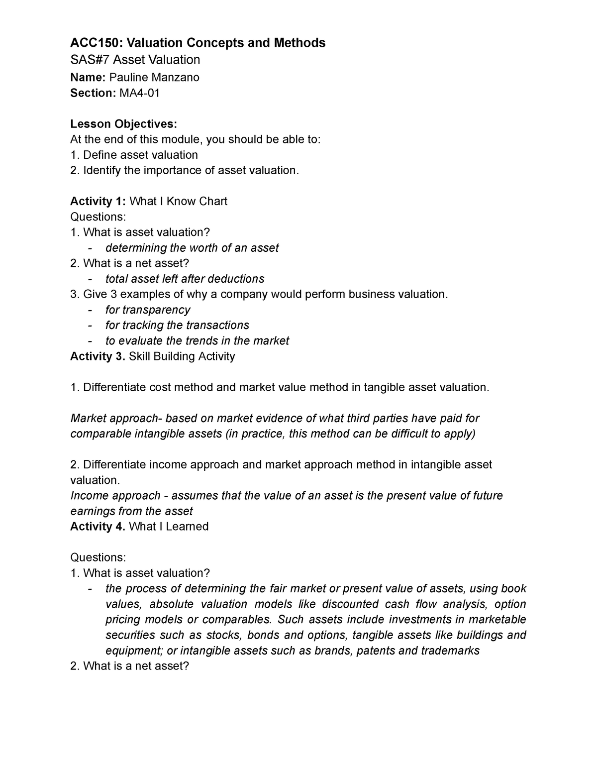 Acc150 Valuation Methods Sas7 Acc150 Valuation Concepts And Methods