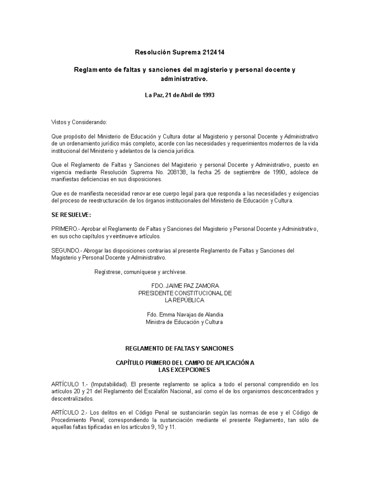 Reglamento de faltas y sanciones del magisterio y personal docente y  administrativo - La Paz, 21 de - Studocu