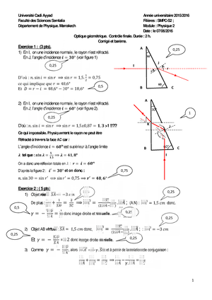 Exercices Corrigés De L'optique Géométrique - Optique Exercice G2-01 ...