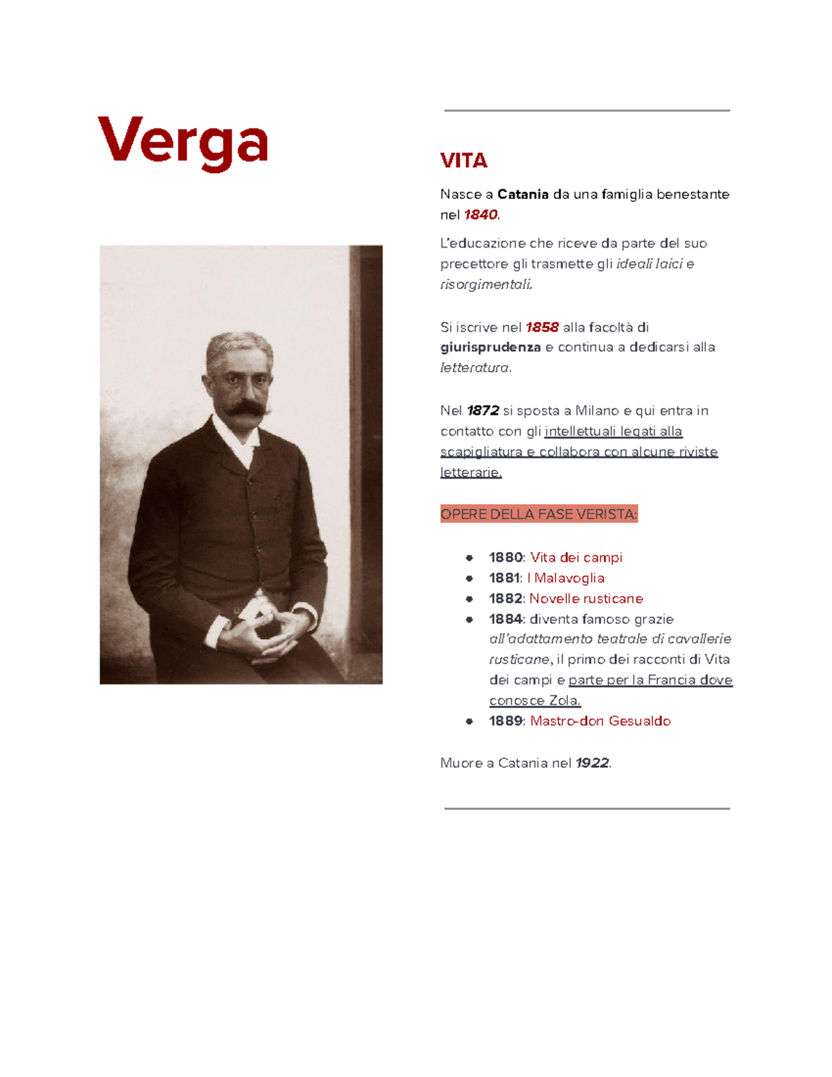 Verga - Riassunti x studiare - Verga VITA Nasce a Catania da una ...
