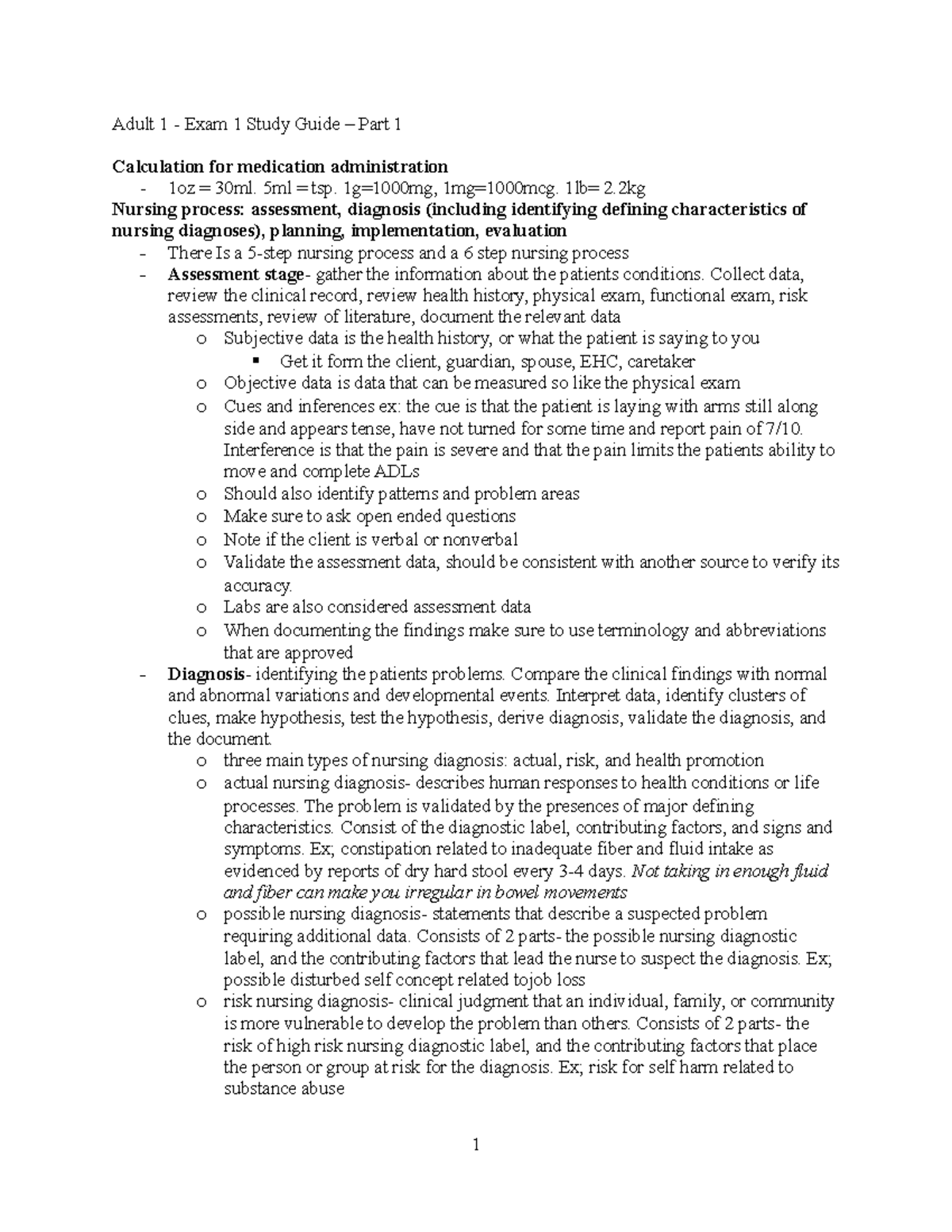 Adult 1 - Exam 1 Study Guide - Part 1 - Adult 1 - Exam 1 Study Guide ...