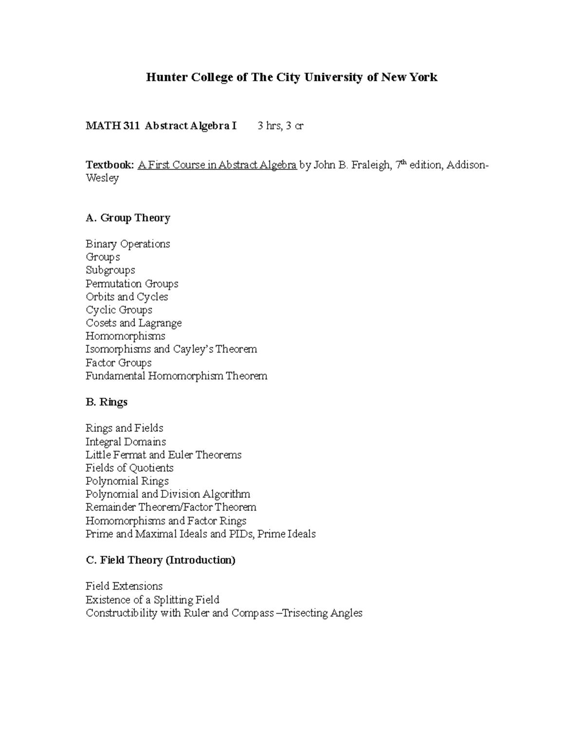 Math311Syllabus Math Syllabus Hunter College of The City University