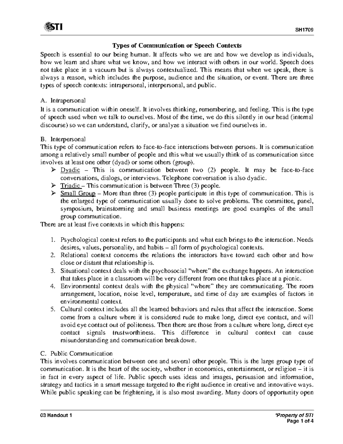 Types of Communication or Speech Contexts - 03 Handout 1 *Property of ...